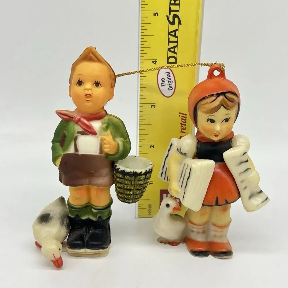 VTG 70s Hong Kong Plastic Christmas Ornament Children Mice Hummel Style Lot of 7